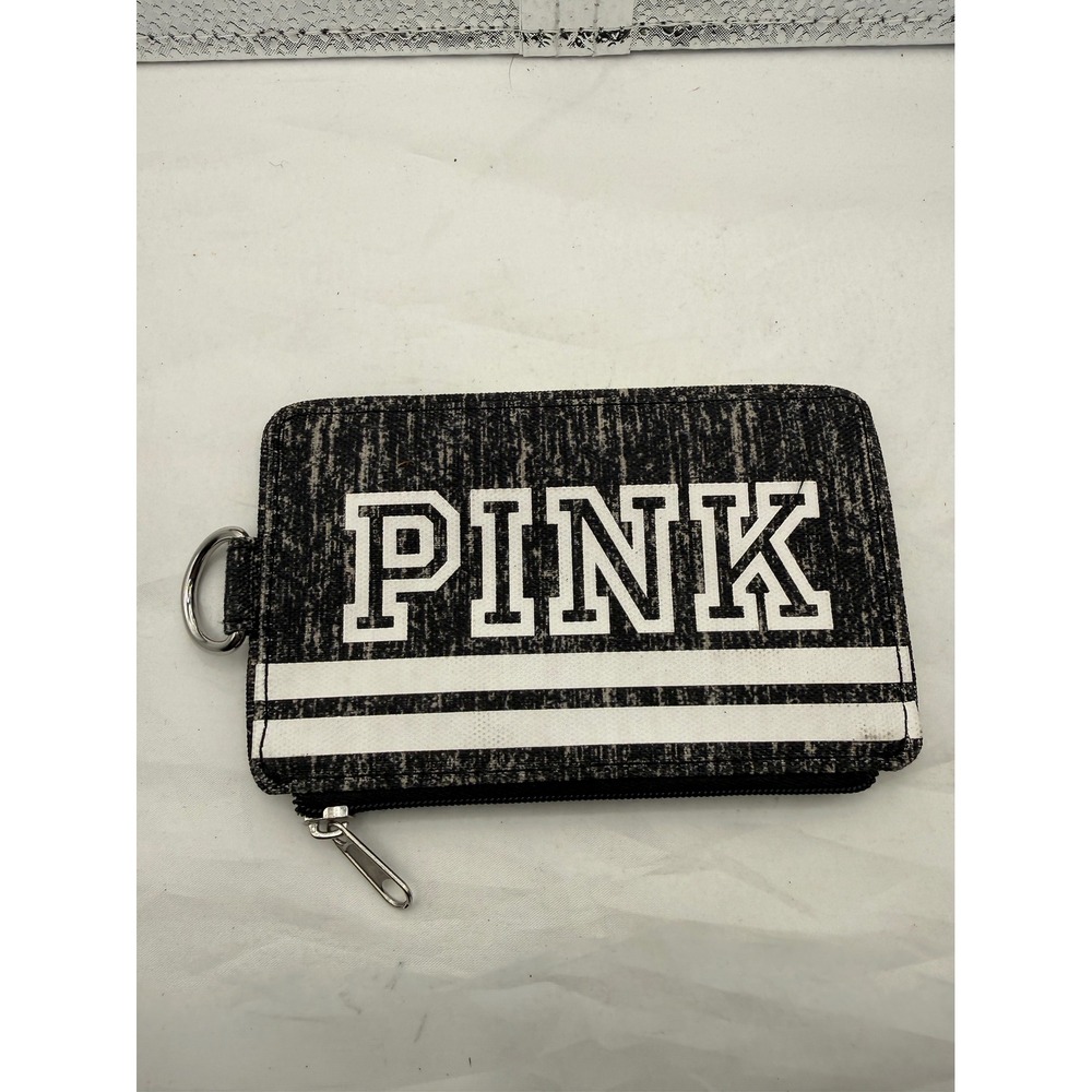 PINK Victoria's Secret Wallet Card Holder ID Window Zipper Pouch Black Gray Neon
